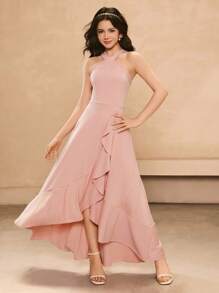 Teenage Ruffled Asymmetrical Hem Dress, Suitable For Parties, Banquets, Hosting Events, Summer Criss-Cross Backless Dress - Pink - View 3