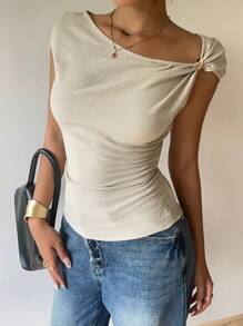 Siren Gaze Damen Lässige Bluse aus Leinen mit geraffter schräger Schulter, Sommer