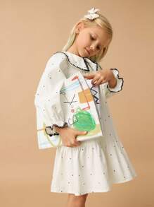 SHEIN Maija Kids 少女波点图案荷叶边下摆宽松可爱连衣裙 - 杏色 - 查看 1