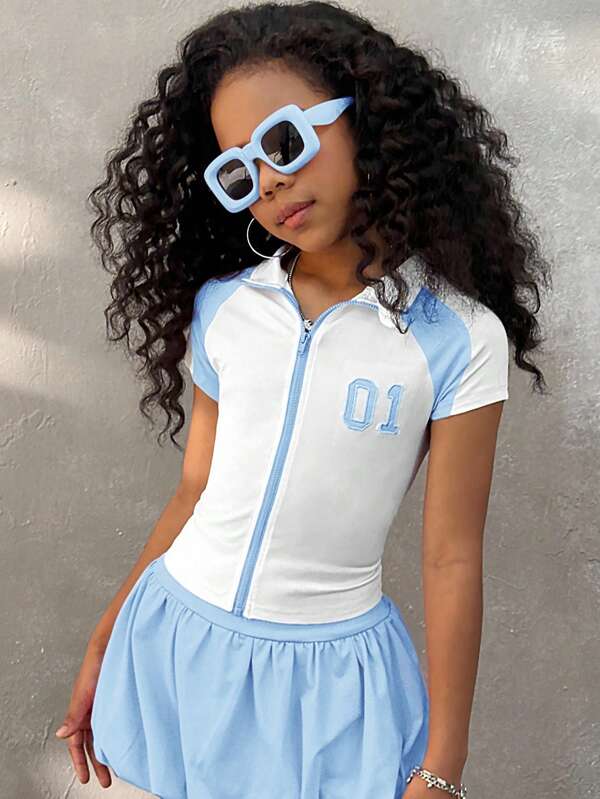 Coolane Tee-shirt à manches courtes slim fit avec fermeture éclair avant et col montant, 3 couleurs, style Y2K pour préadolescentes au printemps/été