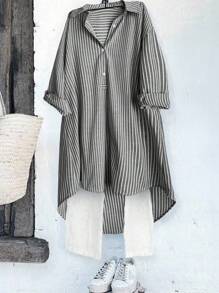 SHEIN LUNE 大码女式经典法式复古风格百搭条纹休闲百搭衬衫，时尚都市时尚设计，适合所有季节，可搭配衬衫和夹克 - 彩色 - 查看 3