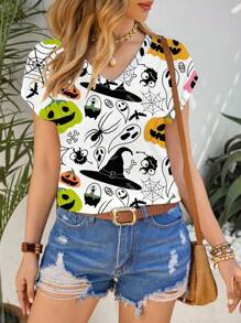 Shutterstock Glamance Fall Women Clothes Women's V-Neck All-Over Print Casual Short Sleeve T-Shirt, Summer Halloween Graphic Tee Women Halloween T-Shirt Women Cartoon Women Graphic Tees Halloween Halloween Tops For Women Back To School Going Out Tops Women Suitable For Going Out - Multicolor - View 4