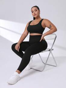 Gameset SHEIN Sport Plusstorlekar med bred midja och sportleggings för yoga för kvinnor - Svart - Visa 6