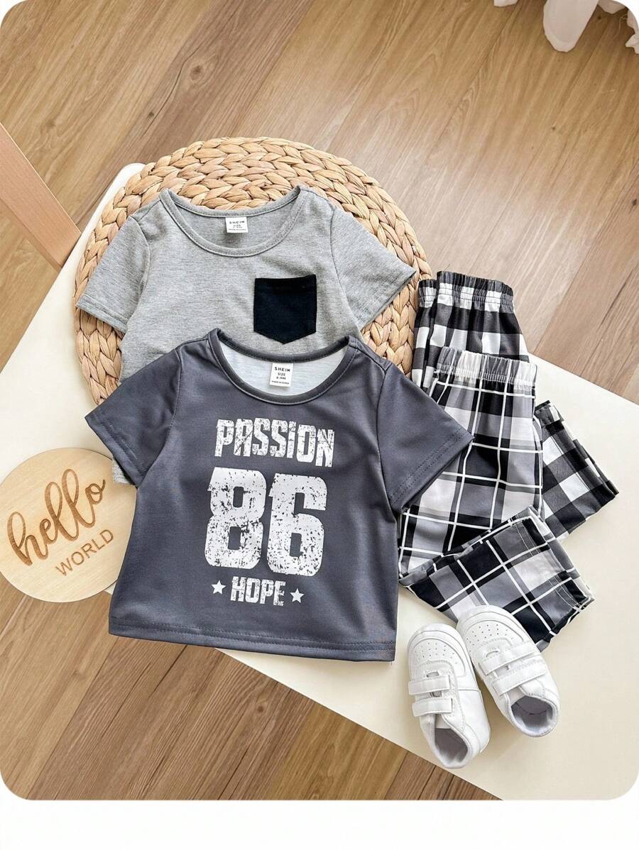 4Pcs Baby Boy Casual Set - Minimalist Letter & Plaid Pattern Round Neck Short Sleeve Top And Loose Pants, Spring/Summer Pajamas Graphic