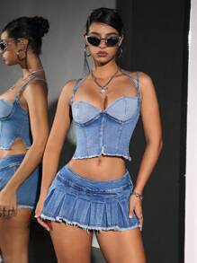 Jeanoix Top curto jeans feminino de cor sólida, justo, com decote halter e franjas