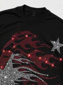 ROMWE MEN Street Life Camiseta de manga corta de verano para hombre con estrella de cinco puntas y adornos de strass, de uso casual en la calle