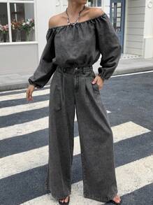DAZY 2pcs Women's Off Shoulder Long Sleeve Cropped Denim Top And Loose Casual Pants Jeans Set, Casual Outfit - Grey - View 2