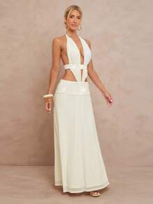 Lumalex 秋季节日派对狂欢节郊游夏季假期优雅复活节波西米亚风海滩热门户外丰富层次婚礼季节宴会成人仪式海滩海滨刺绣装饰露背褶皱连衣裙女士白色派对女士奶油色优雅 - 白色 - 查看 5