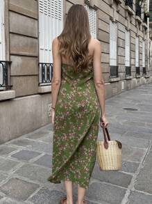 Pariaura Grünes bedrucktes V-Ausschnitt Kleid für Damen