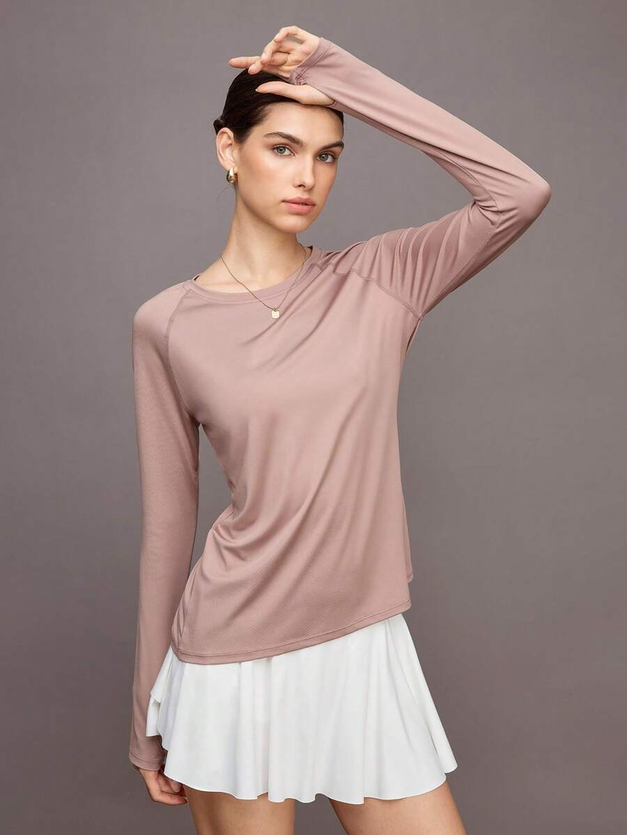 Activina Áo thun thể thao tay dài Raglan trơn màu cho nữ - Volcanic Gray - Xem 1
