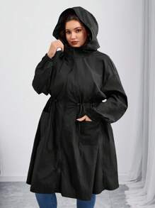 SHEIN CURVE+ Curves Plus Size/Chool Clothes/Back To School Clothes /Back To SchoolPlus Size Women Black Gathered Waist Long Trench Coat, Autumn/Winter Fall
