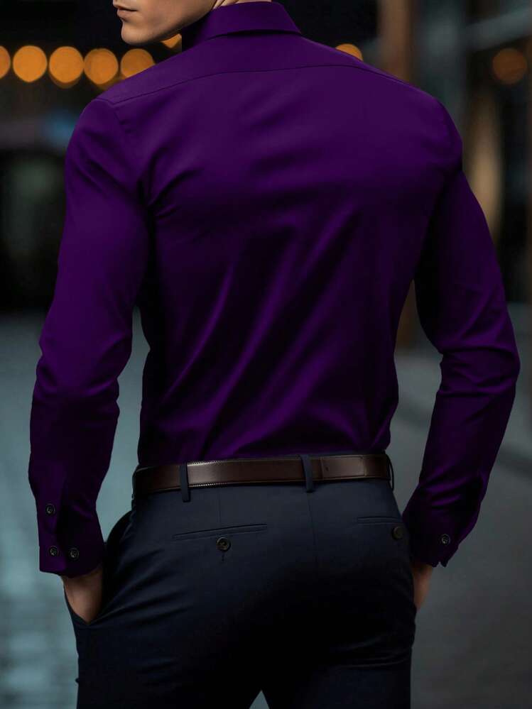 Manfinity Mode Men's Solid Color Long Sleeve Single-Breasted Casual Dress Shirt Purple , Fall - Purple - View 2