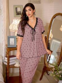 CottageSlumber Polka Dot & Contrast Color Lace Bow V-Neck Short Sleeve Pajama Set, Plus Size Plus Size Sleepwear Set Plus Size Polka Dot Pajamas Plus Size Pajama Set Curve Sleepwear Plus Size Nightwear  Cozy And Elegant Details - Pink - View 1