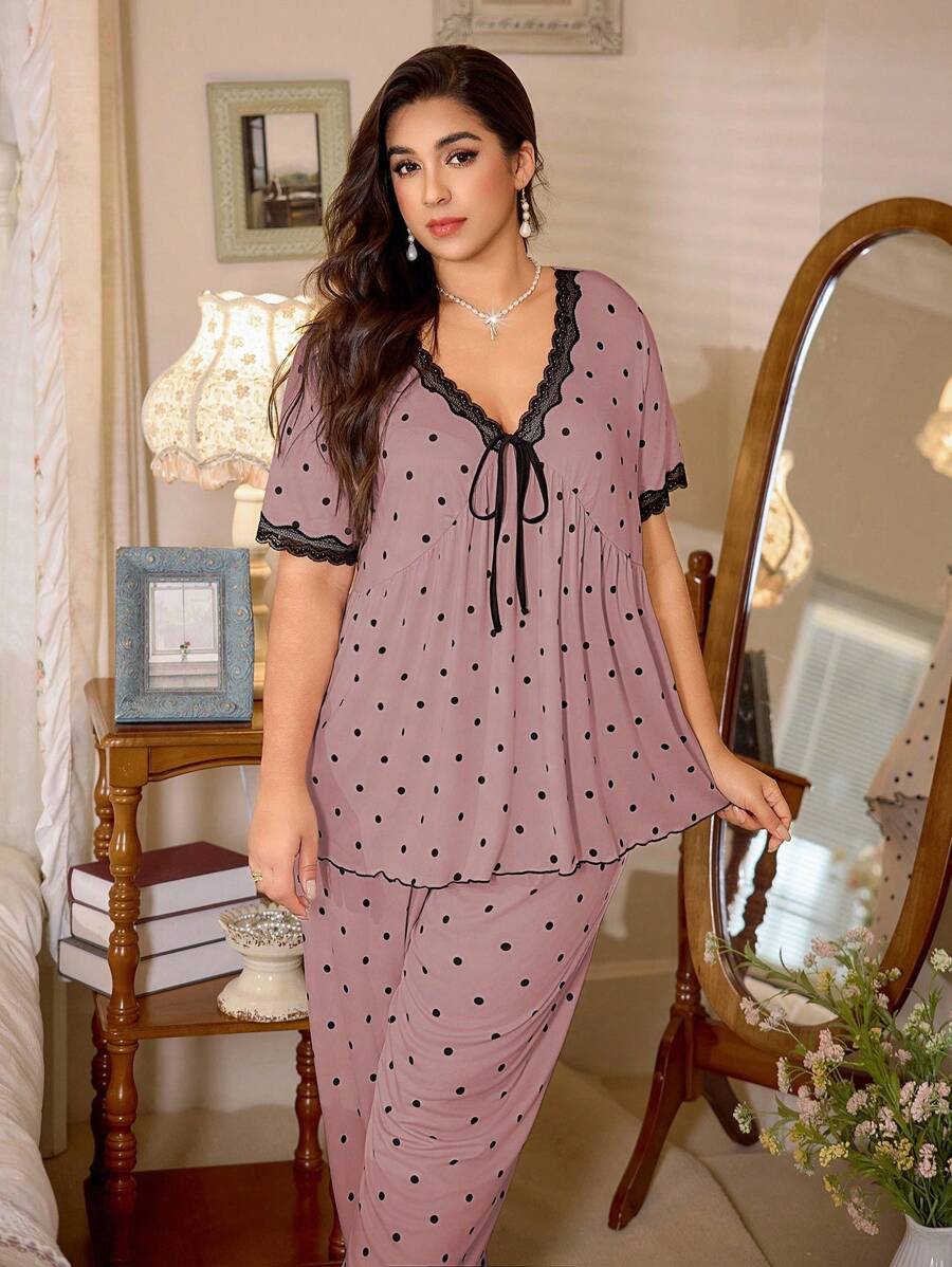 CottageSlumber Polka Dot & Contrast Color Lace Bow V-Neck Short Sleeve Pajama Set, Plus Size Plus Size Sleepwear Set Plus Size Polka Dot Pajamas Plus Size Pajama Set Curve Sleepwear Plus Size Nightwear  Cozy And Elegant Details - Pink - View 1