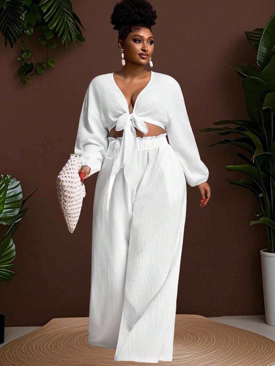 Veslaya 大码百搭休闲沙滩优雅系带长袖上衣和阔腿裤套装