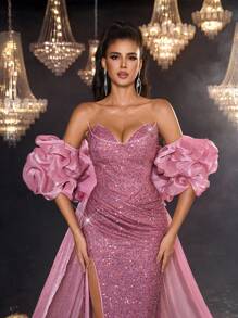 Glamrae 优雅奢华深粉色金属丝不对称领口泡泡袖亮片开衩鱼尾女士正式晚礼服 - 淺粉色 - 查看 3