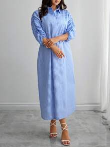 EURMUSE Đầm nữ cổ polo tay ngắn kẻ sọc thanh lịch có viền xếp ly cho mùa xuân cỡ lớn - Màu xanh lam - Xem 3