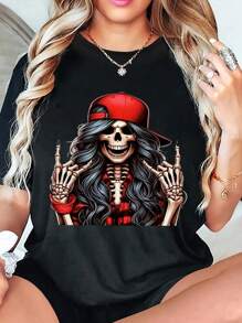 SHEIN Unity Camiseta de cuello redondo con estampado de calavera de Halloween, top casual de manga corta para primavera y verano - Negro - Ver 1