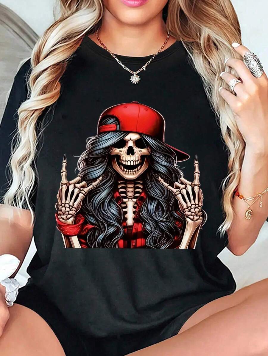 SHEIN Unity Camiseta de cuello redondo con estampado de calavera de Halloween, top casual de manga corta para primavera y verano - Negro - Ver 1