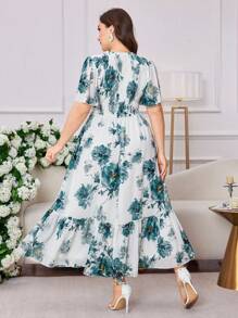 Modelyn 大码花卉印花喇叭袖雪纺连衣裙 - 綠色 - 查看 2