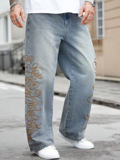 Manfinity Homme Street Fashion Embroidered Men's Washed Loose Fit Jeans