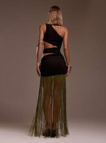 MUSERA One Shoulder Waist Cut Out Detail Fringe Hem Maxi Dress Ibiza Fits Holiday Vacation Sexy Beach Romantic Elegant Occasion Birthday Boho Rafia Fall Summer Outfit - Black - View 3