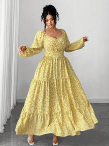 Elenzga 随机碎花，加大码女装畅销面料，黄色底色和小花图案，长袖超长蛋糕裙，修身版型，适合度假、花园派对、约会，舒适的面料，风格独特 - 黃色 - 查看 3