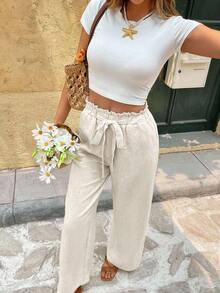 SHEIN Frenchy Quần ống rộng đơn sắc buộc eo bèo nhún cho nữ - Màu be - Xem 4