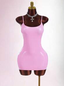 Amplova 女式简约纯色镜面 PU 吊带裙，基本款夏季连衣裙