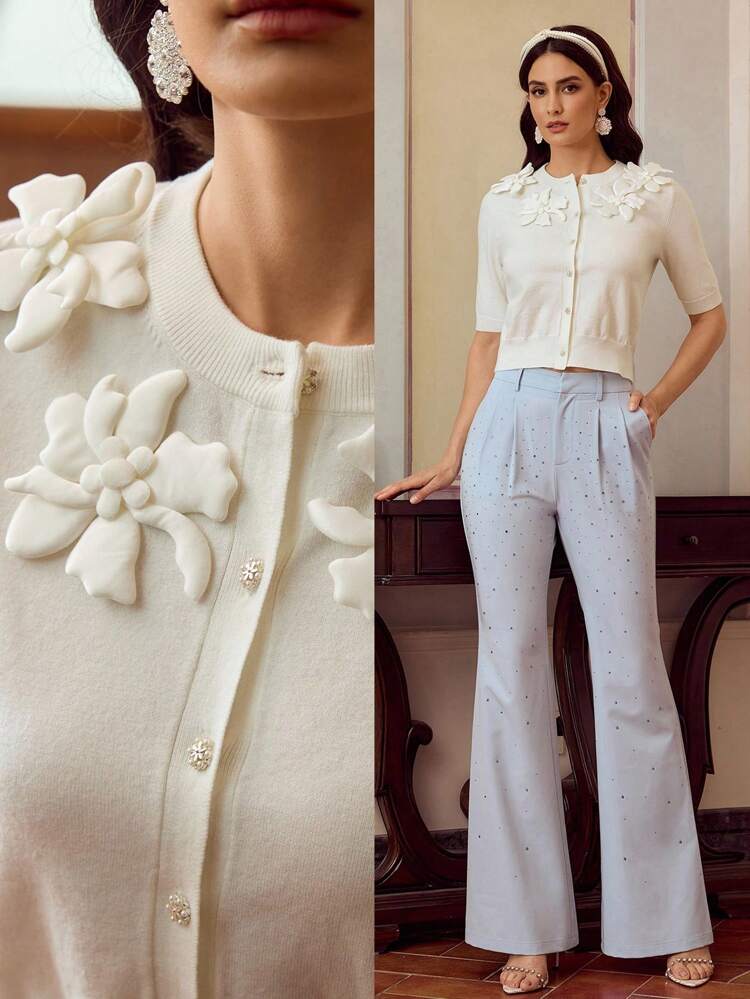 ZEYLAH Elegant 3D Floral Decor Crew Neck Cardigan Top