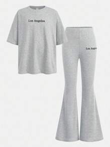 青少年女孩休闲日常灰色针织字母刺绣 T 恤和喇叭裤套装，秋季服装，返校灰色服装 - 灰色 - 查看 9