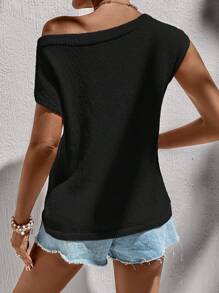 SHEIN LUNE 优雅透视肩部春夏宽松针织休闲上衣，适合女士、度假和街头服饰 - 黑色 - 查看 2