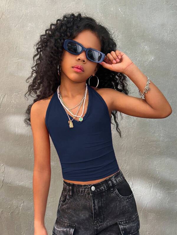 Coolane Kids Tween Girls Fall/Summer Streetwear V-Neck Solid Color Backless Vacation Tank Top For Girl, Can Be Worn As A Neck Hanging