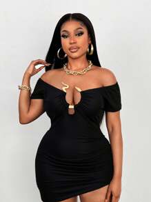 Maweii Plus Size Women's Metallic Snake Skin Asymmetric Hem Side Ruched Tie Waist Dress