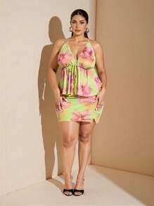 SHEIN BAE 大码女式花卉印花系带露背上衣和紧身迷你裙两件套，度假风格海岛度假装，返校女童服装，女童夏装，秋装，校服，万圣节，冬季，Y2k 服装，复古，度假装女士