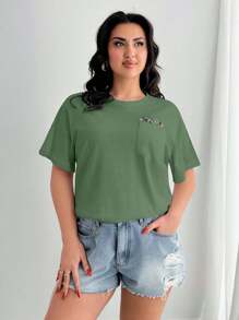 EURMUSE Áo thun Plus 100% Cotton thêu hoa, cổ tròn, chi tiết túi - Màu xanh Bạc hà - Xem 4