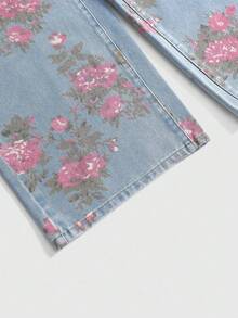 ROMWE Fairycore Jeans holgados de pierna ancha con estampado floral vintage lavados talla grande para mujer - Rosa - Ver 3