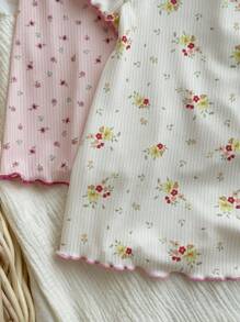 Baby Girl Ditsy Floral Ruffle Hem Round Neck Loose Knitted Nightgown 2 Pieces Set Print - Multicolor - View 6