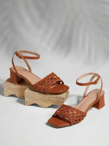 SHUZIA Sandalias de tacón con banda tejida cómodas y de moda para mujer - Marrón - Ver 3