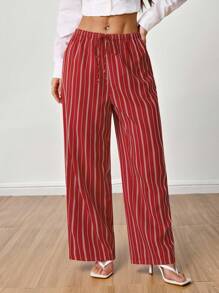 SHEIN PETITE Quần ống rộng cạp cao có dây rút, quần sọc chỉ dành cho mùa xuân hè dễ thương, kỳ nghỉ, sọc thanh lịch, dễ thương - Đỏ - Xem 9