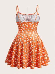 SHEIN EZwear 性感荧光橙色针织紧身迷你连衣裙，细肩带，夏季 - 亮橙色 - 查看 2