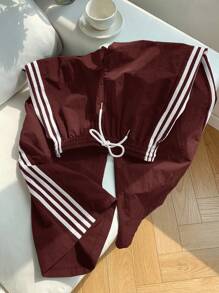 Comfortcana Women's Burgundy Side Stripe Elastic Waist Loose Casual Sports Pants - Burgundy - View 7