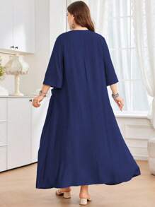 Al Najma Women's Loose Fit Round Neck 3/4 Sleeve Dress With Large Pockets, Comfortable Linen Look, Casual Daily Wear, Plus Size - Navy Blue - View 2