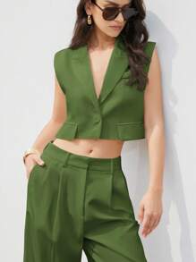 Aveloria Modichic Conjunto de traje de mujer con pantalón largo suelto y plisado, con bolsillo sin mangas y dobladillo asimétrico, elegante y versátil, diseño minimalista