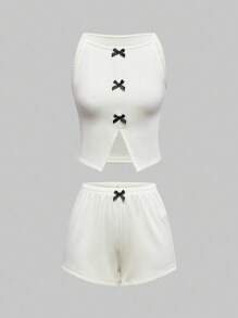 ROMWE Kawaii Women's Summer Casual Basic Ribbed Bow Strap Shorts Pajama Set - White - View 11