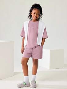 JNSQ Conjunto de ropa para niña de vuelta al colegio, conjunto informal de camiseta y pantalones cortos para exteriores, conjunto de camiseta holgada con estampado gráfico de letras divertidas de cuello redondo y capucha y pantalones cortos, otoño - Púrpura malva - Ver 4