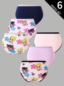 6 件装少女棉质可爱嘻哈飞天女孩印花三角裤可爱内裤，返校时尚 - 彩色 - 查看 2