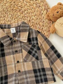 Baby Boy Colorful Plaid Collared Long Sleeve Button Down Shirt And Casual Pants Set, For Christmas - Khaki - View 7