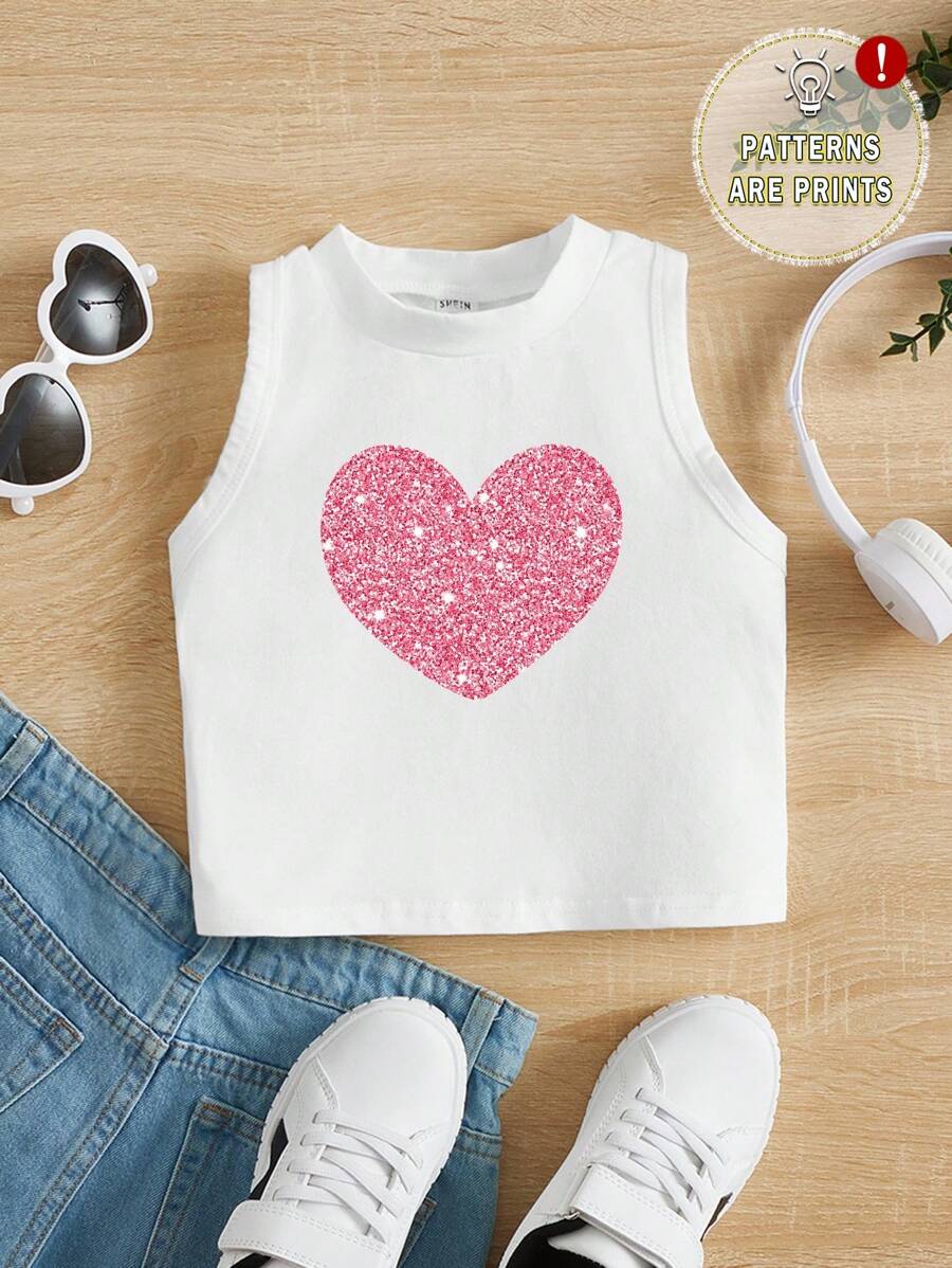 SHEIN Young Girls' Casual Sleeveless Round Neck Tank Top With Minimal Heart Print, Suitable For Summer
