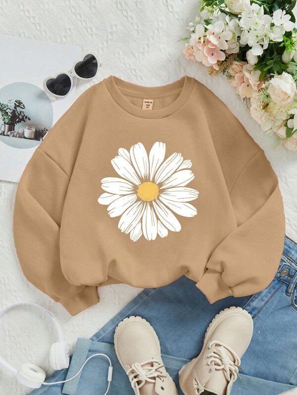 SHEIN Young Girls Casual Daily Comfy Knitted Thick Long Sleeve Hoodie Sweatshirt, Suitable For Autumn And Winter